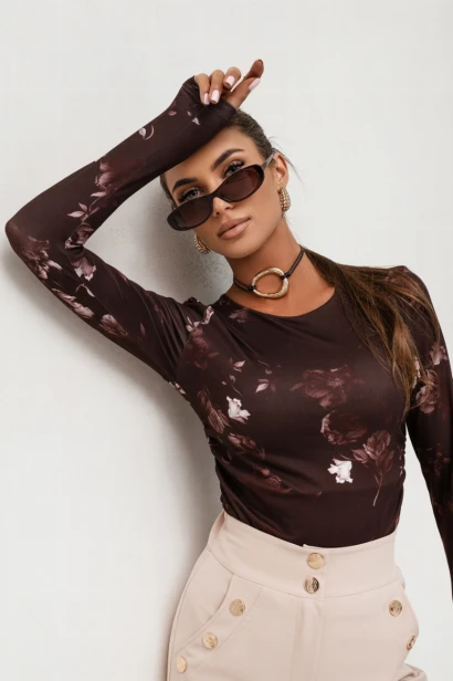 Bluzka SHIRA długi rękaw - Brown flowers L/XL