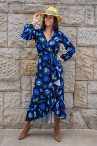 Sukienka "ANNA" długa - Blue Flowers XS/S
